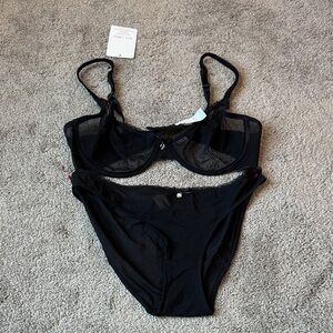 Varsbaby Black Sheer Mesh Underwire Bra & Panty Lingerie Set SIZE 36D/XL